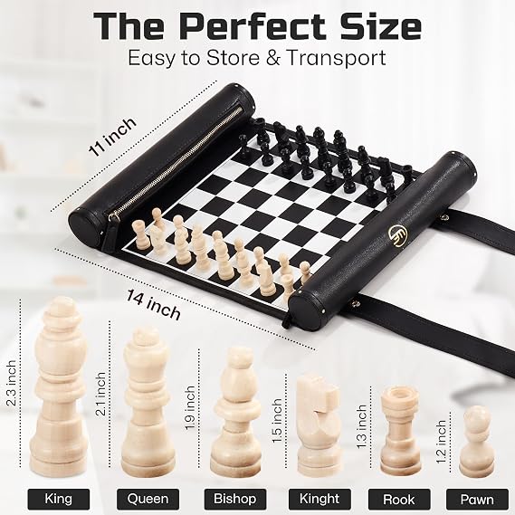 Roll Up Chess Set - Foldable Leather Chess Mat with Chess Pieces - Portable Travel Chess Set with Straps - Perfect Chess Game for Airplane, Camping, and more (Black/White)
