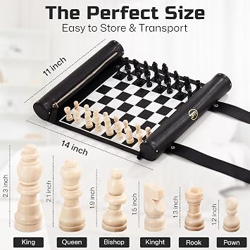 Roll Up Chess Set - Foldable Leather Chess Mat with Chess Pieces - Portable Travel Chess Set with Straps - Perfect Chess Game for Airplane, Camping, and more (Black/White)