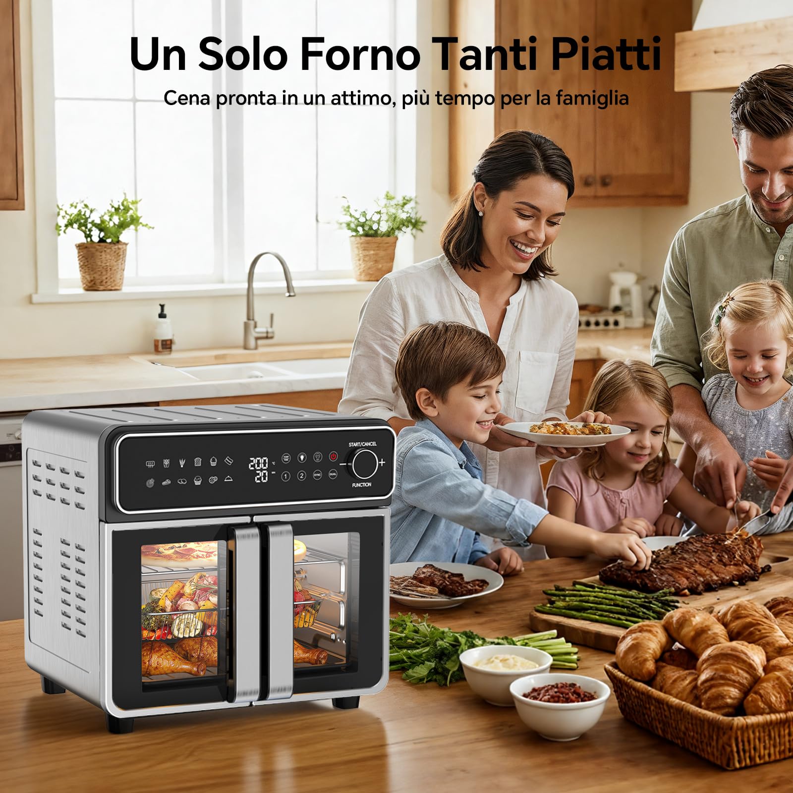 Emphsism Freidora de Aire 23L XXL - Mini Horno Eléctrico Zona Flexible, Doble Puerta Freidora Aire Temperatura Independiente 200°C, 12 en 1 Air Fryer Ventana Luz Interna & Recetas, para Familias