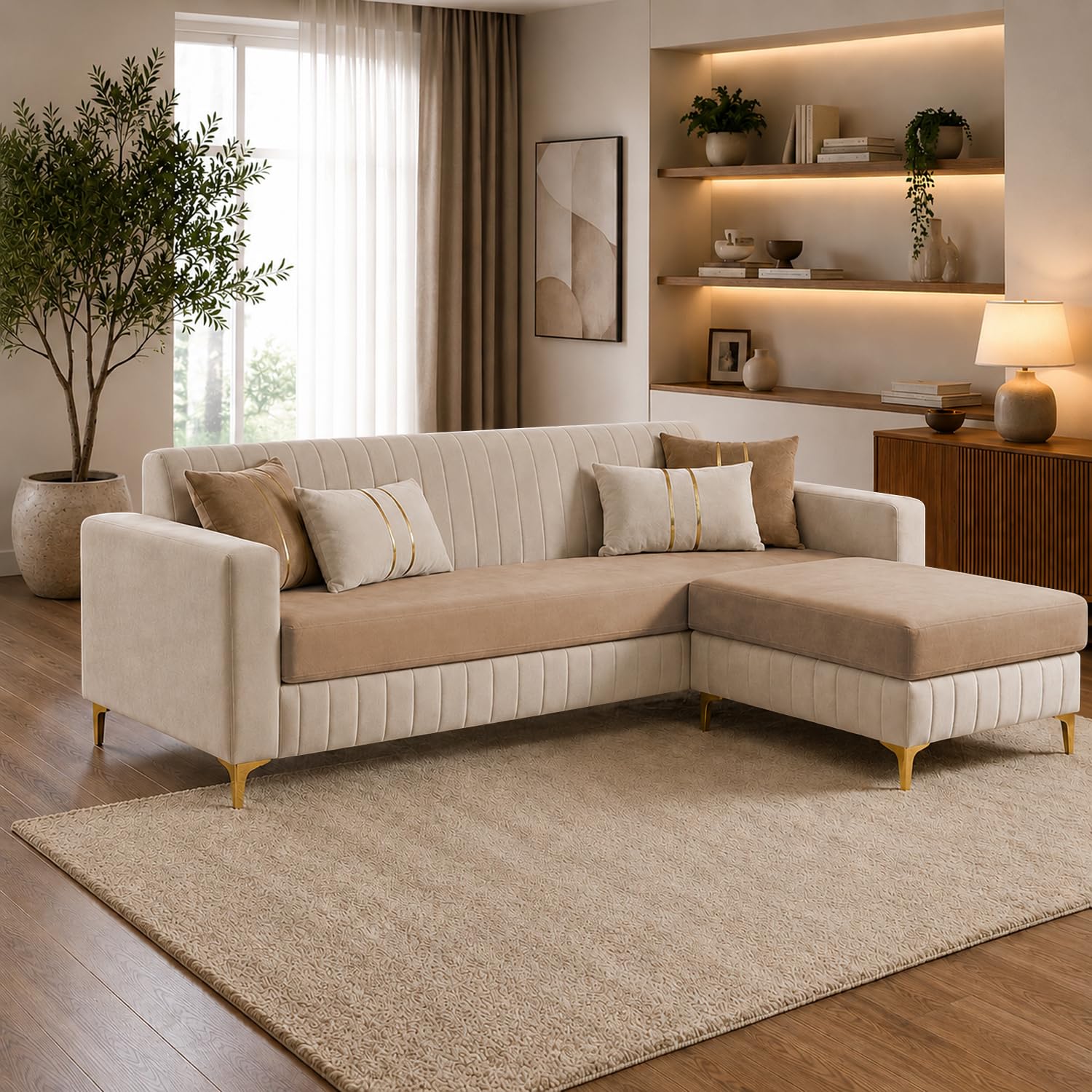 naxos 4 seater l shape sofa set with movable ottoman | flexible left or right layout | cozy velvet fabric | soft touch seating | modern designer sofa for living room (cream-beige)
