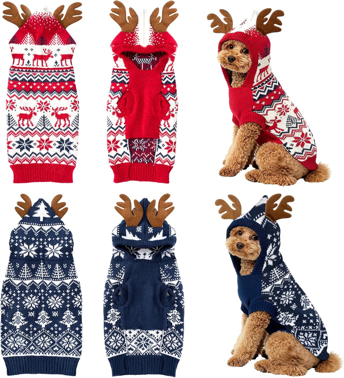 2 Pcs Christmas Dog Sweater Warm Winter Dog Hoodie Snowflake Christmas Tree Reindeer Pet Outfit Clothes Holiday Knitwear with Reindeer Antler Hood for Small Medium Pet Outdoors Playing(M)