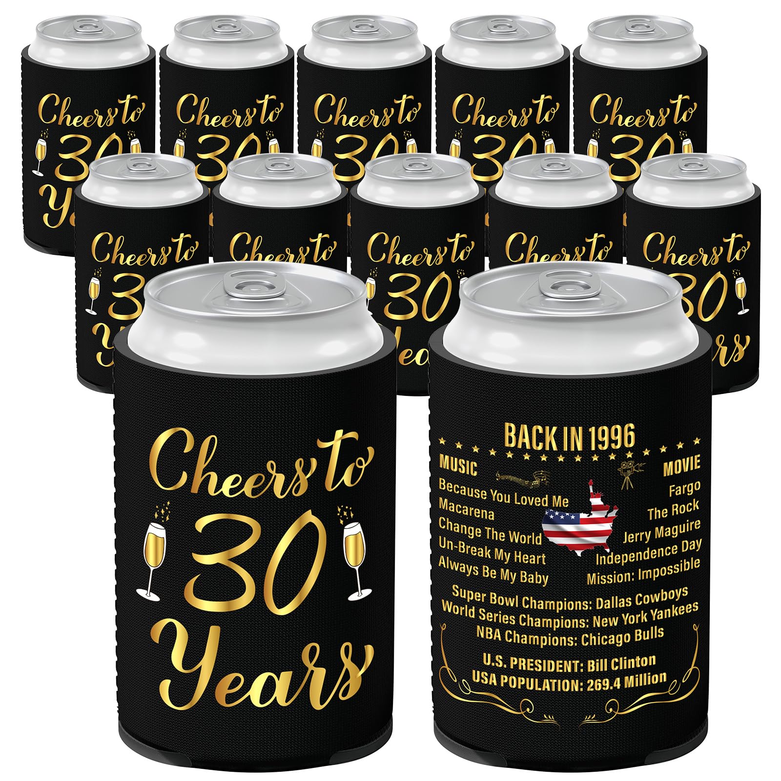 Xumbtvs 30th Birthday Decorations for Women and Men, Vintage 1996 Birthday Decor, Thirty Year Old Bday Party Supplies, 12 Pcs Neoprene Can Cooler