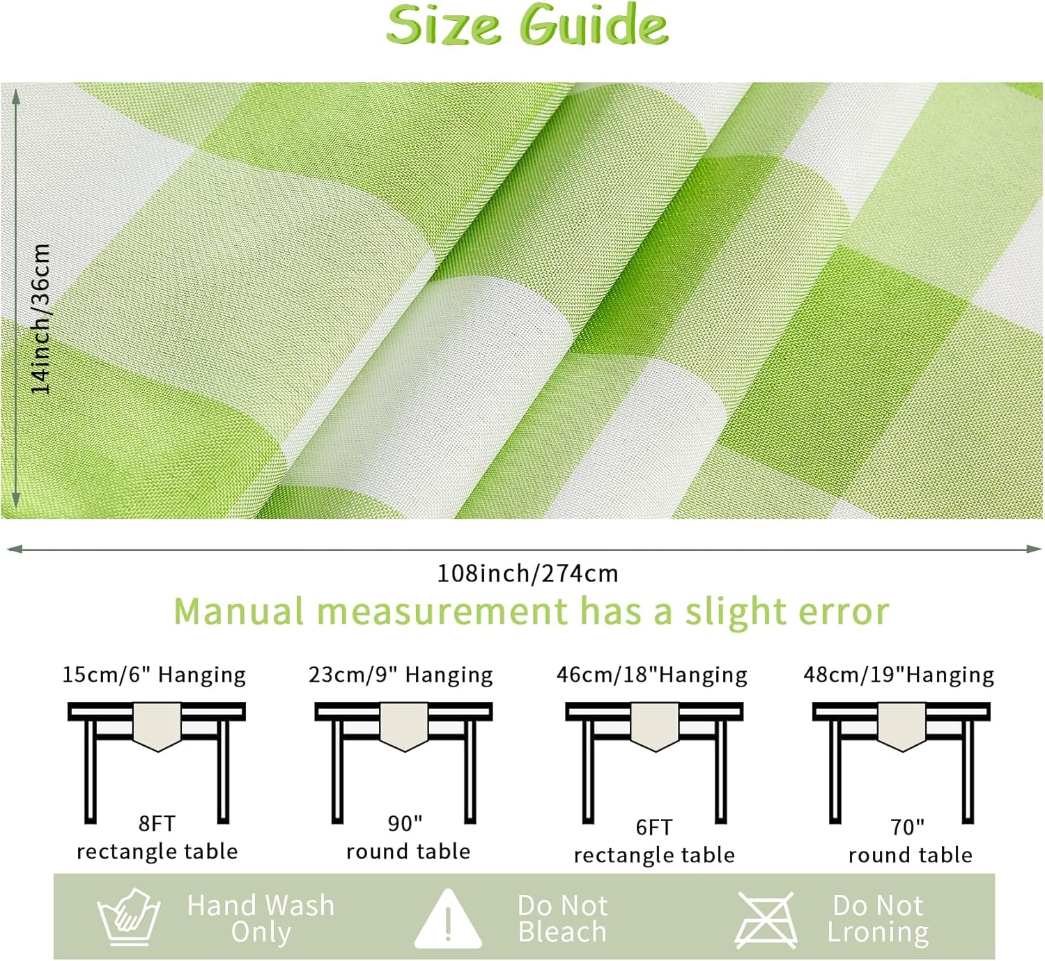 Fabric Checkered Table Runner 6 Pack Waterproof Gingham Table Runner 14W x 108L Buffalo Check Table Runners for Parties Kitchen Dining Wedding Banquet (Emerald and White)