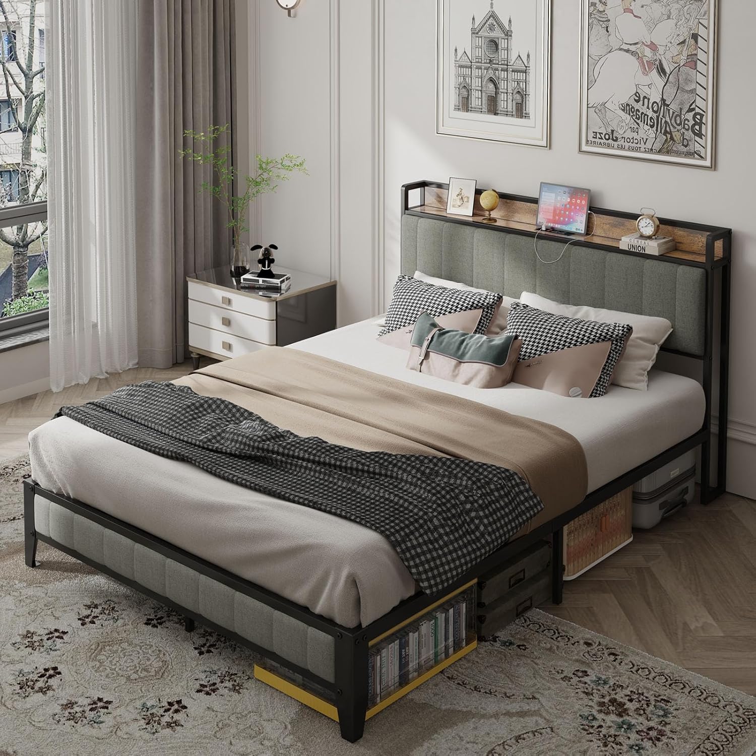 LOYGBF Queen Bed Frame with Upholstered Headboard,Metal