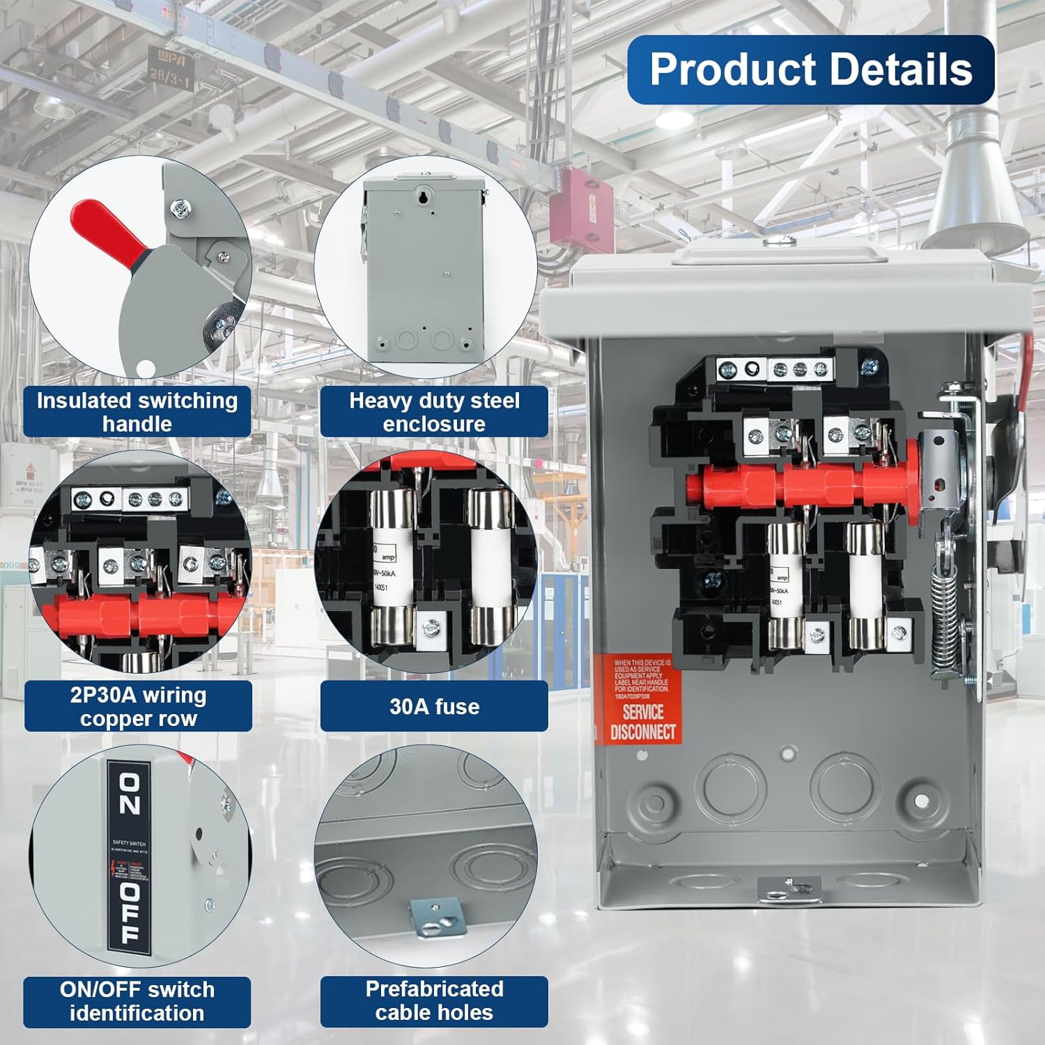 2P 30Amp 110/240V 2 Wire Fusible Heavy Duty Safety Switches，Ac Disconnect Switches Box，Quick Disconnect Safety Switch，Equipped with fuses