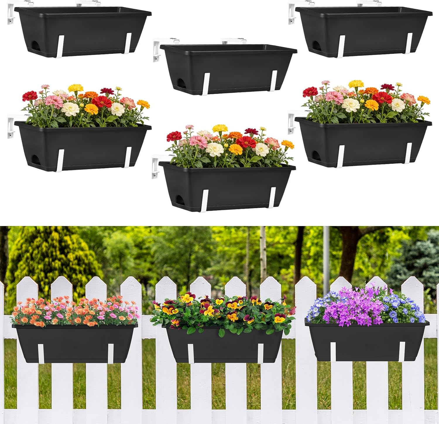 OYEAL 6 Pack Railing Planter Boxes with Adjustable Brackets Outdoor Hanging Window Boxes Planters Deck Railing Planter Boxes with Drainage Holes for Fence, Garden, Balcony, Patio, Black & White