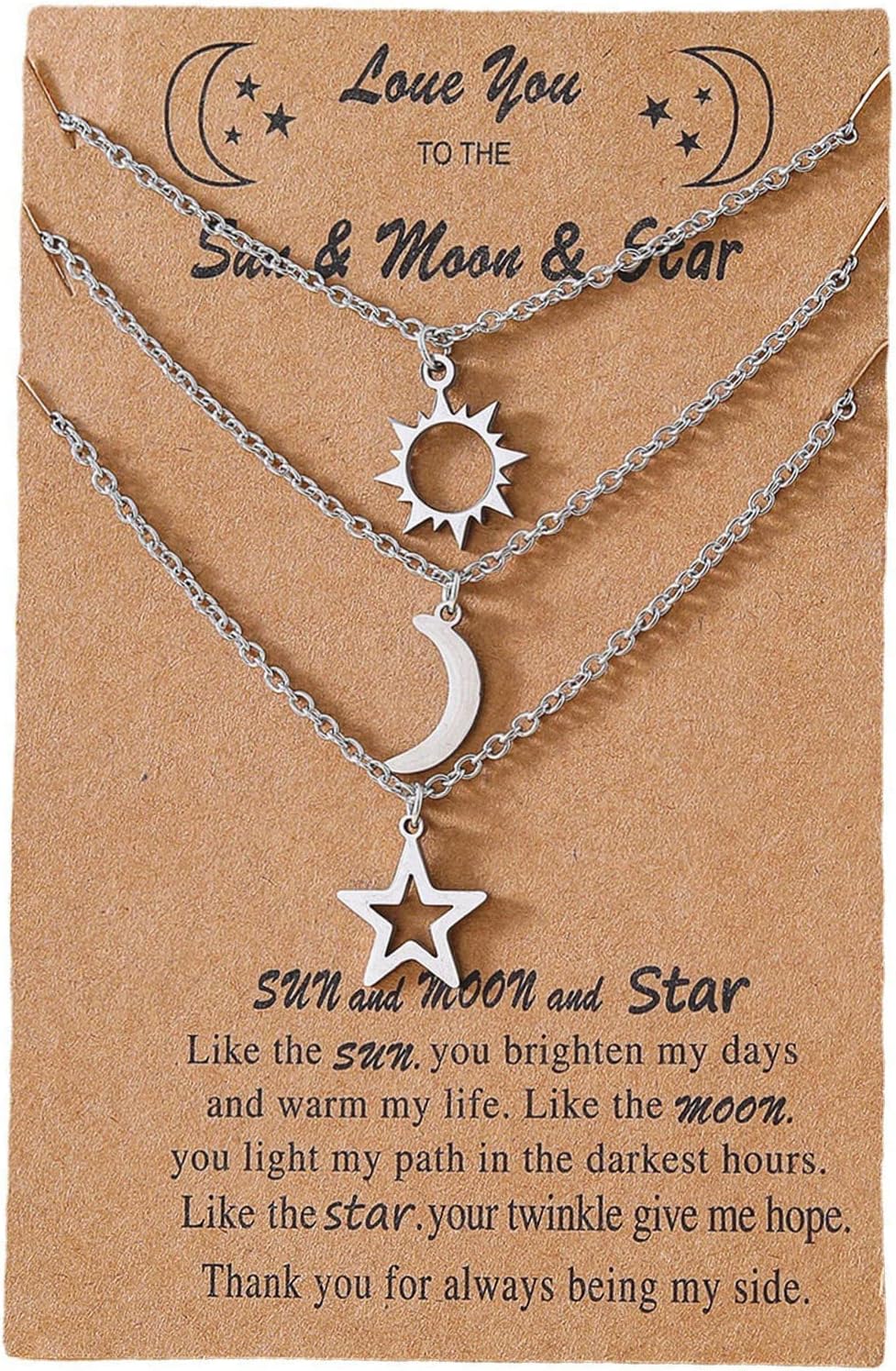 Stainless Steel Sun and Moon Star Necklace 3 Best Friend Friendship Sister Set for Women Mom Daughter BFF Jewelry Gifts