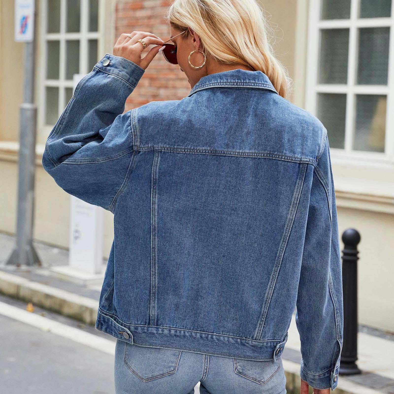 Giacca Jeans Donna Giacca di Denim Femminile, Giacca di Revers A Maniche Lunghe, Giacca di Denim Lavato Corto Top-Cappuccio Blu Rimovibile-L