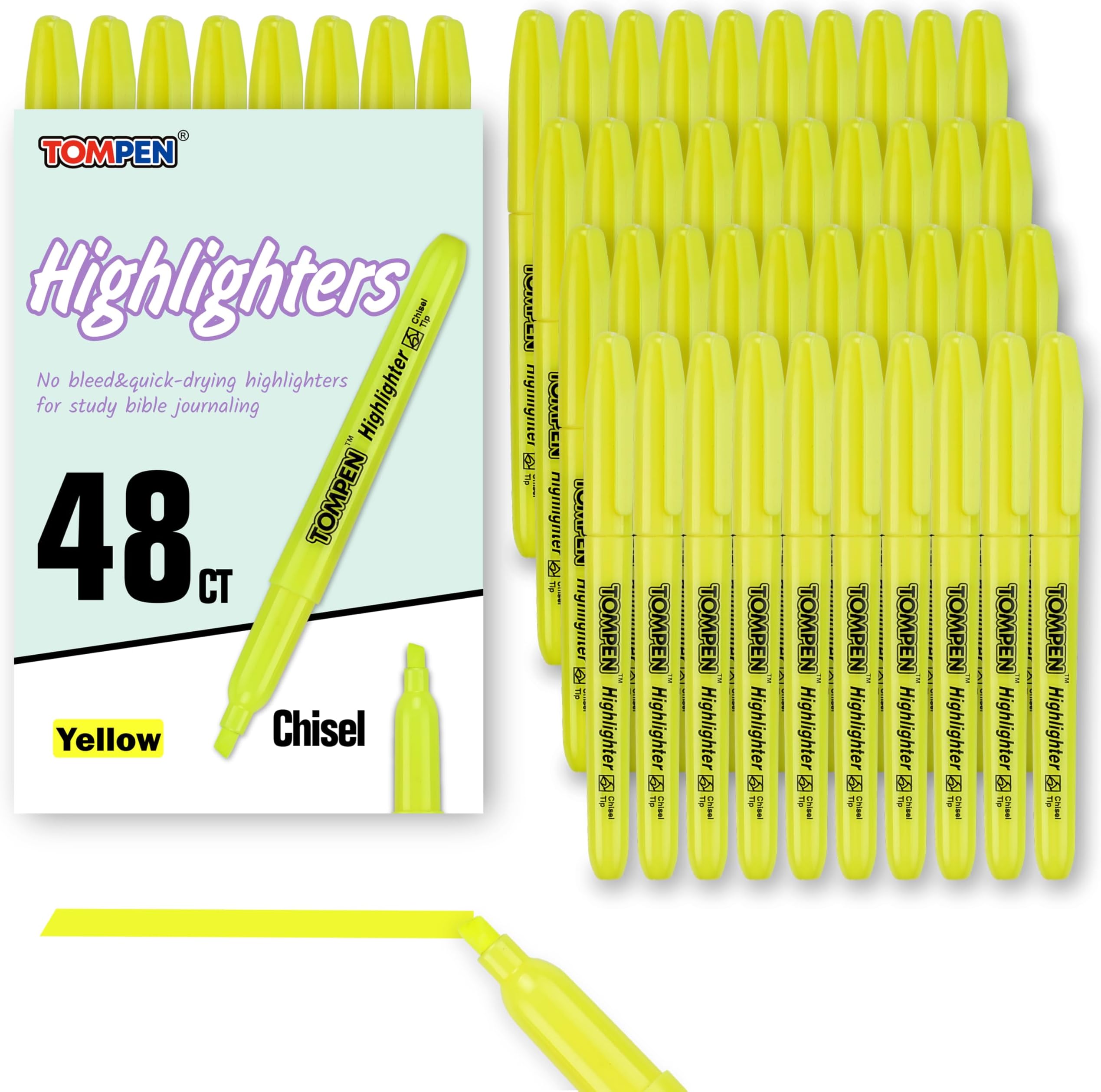 Highlighters Yellow 48 Pack – Bulk Chisel Tip High lighter Marker Set for School, Office, Bible Study, Journaling – Smear-Free, Quick Dry Ink – Fluorescent Pens for Teachers & Students