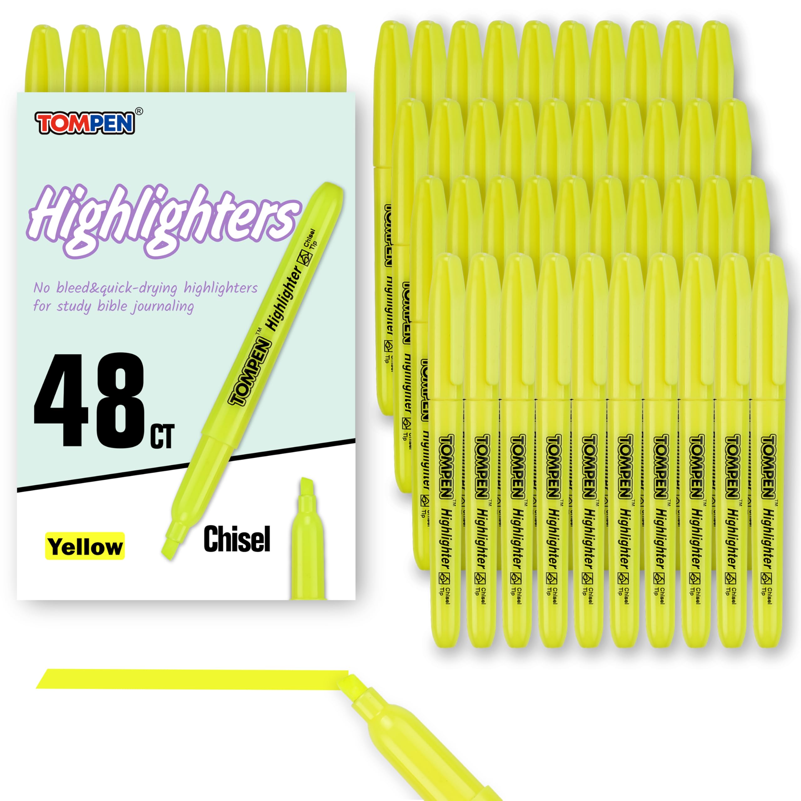 Highlighters Yellow 48 Pack – Bulk Chisel Tip High lighter Marker Set for School, Office, Bible Study, Journaling – Smear-Free, Quick Dry Ink – Fluorescent Pens for Teachers & Students