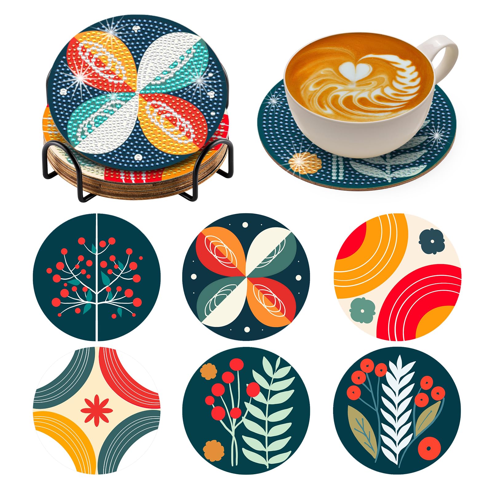 BNG Retro Nordic Diamond Paintings Coasters Kits Set with Holder, 6Pcs Vintage Floral Art DIY Crafts Coasters for Adults, Art Painting Kits for Women, Beginners, Diamond Craft Supplies