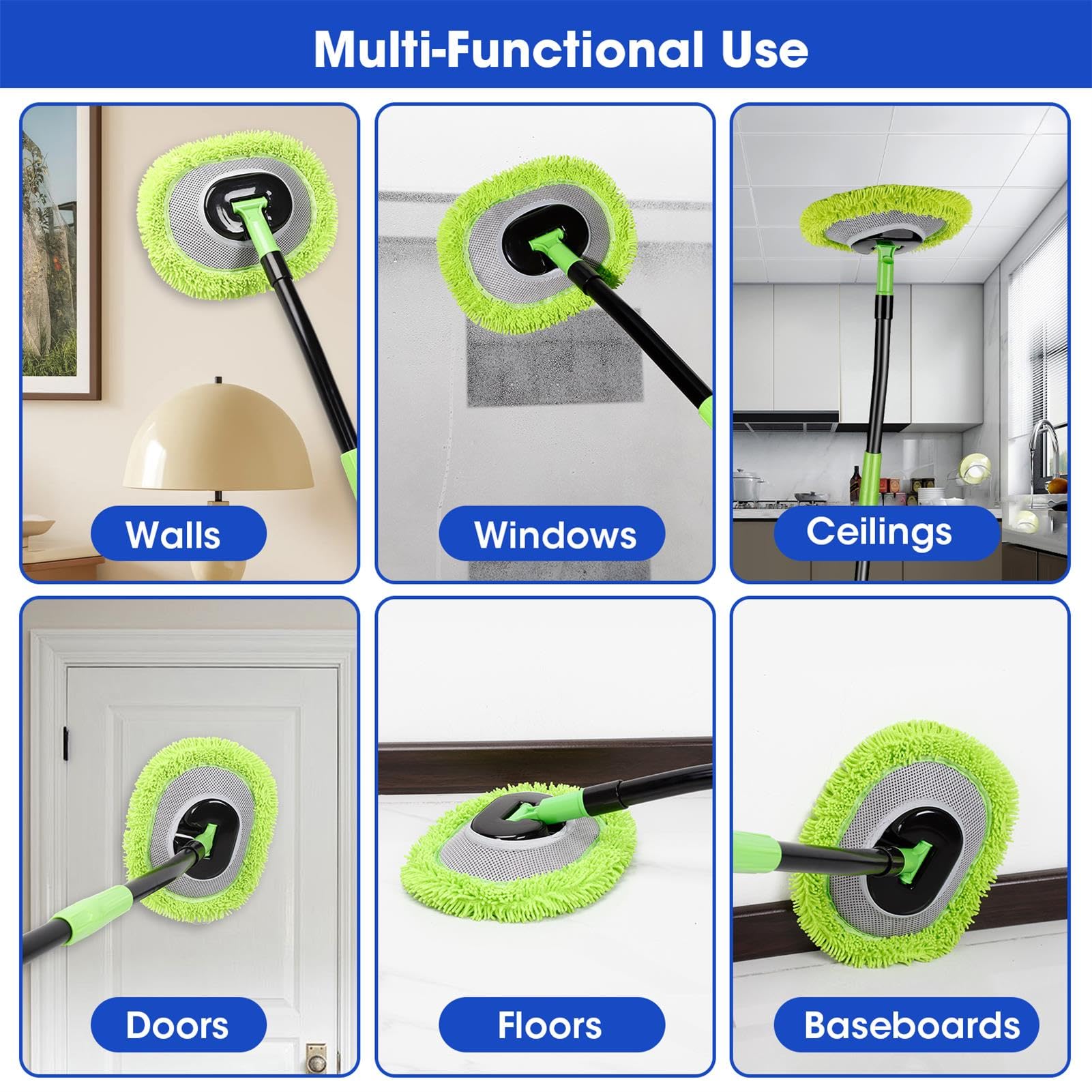 Limpiador de pared, Max 63 pulgadas, mopa verde con mango largo, trapeador de polvo de techo con poste de extensión de 15° que ahorra trabajo, cepillo de limpieza de zócalo, herramienta de cepillo de