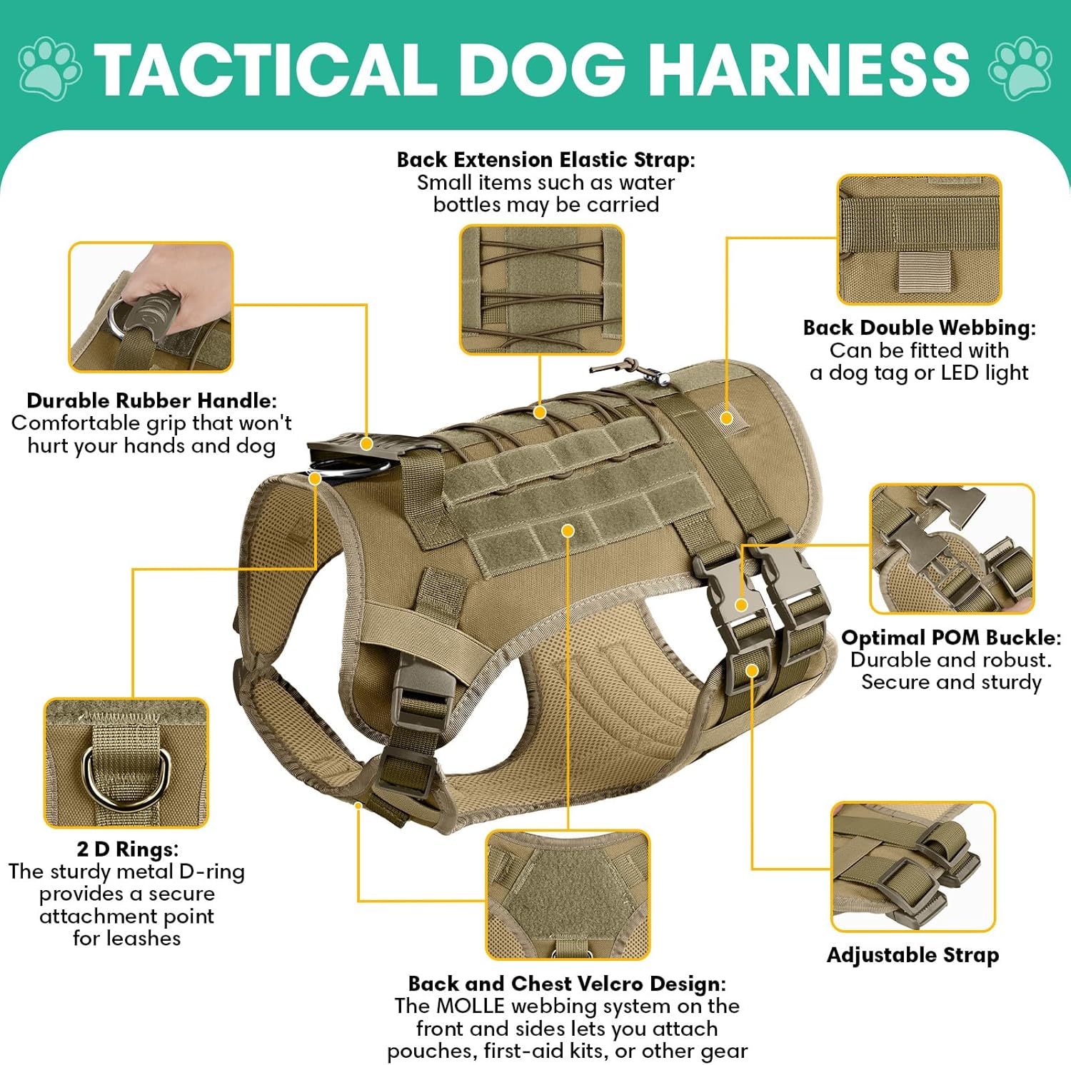YooxArmor No Pull Dog Harness and Leash Set, Tactical Adjustable for Small Sized Dog, Easy Walk Soft Vest Padded Oxford for Training Hiking (Khaki-S)