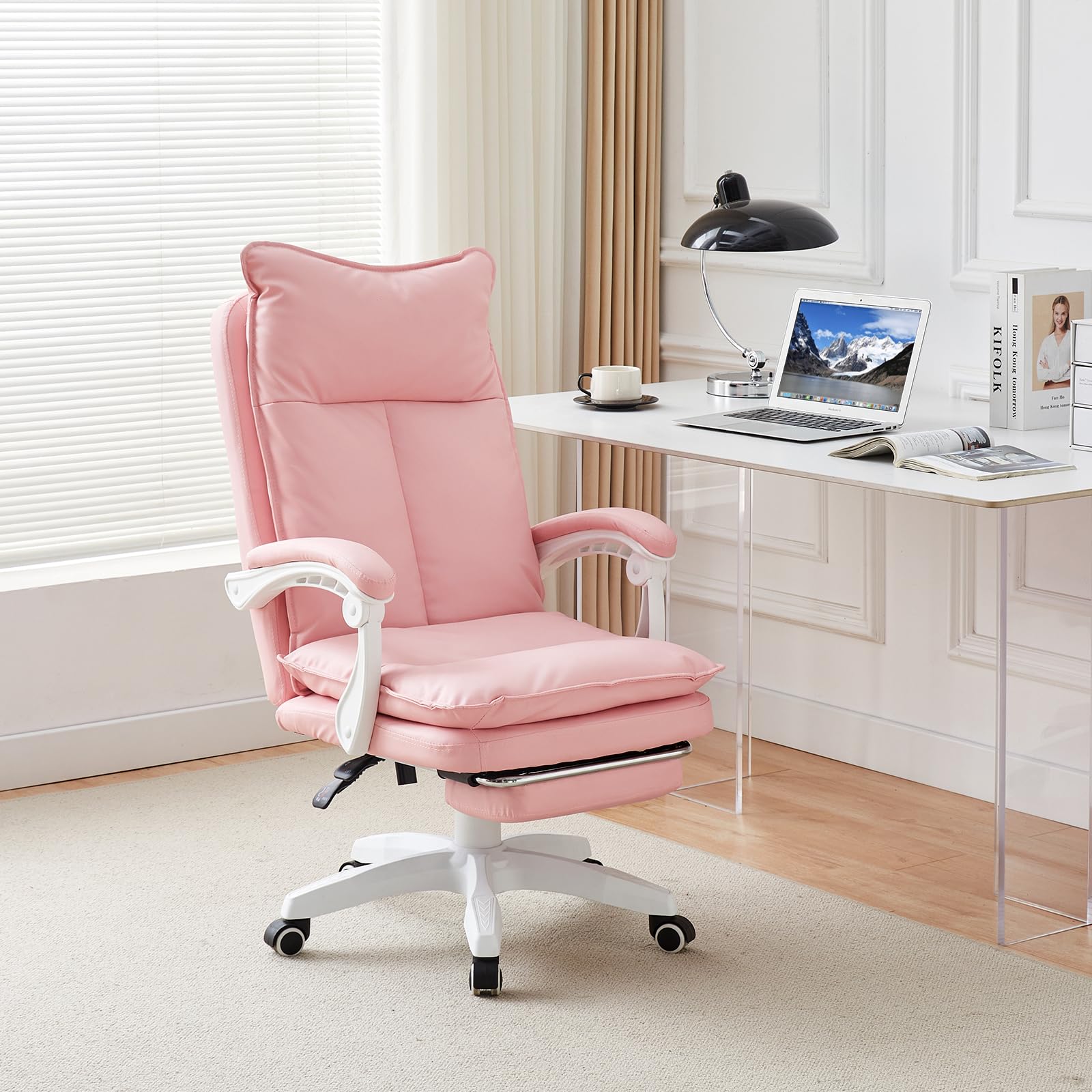 TUKAILAI Bürostuhl Ergonomisch aus Kunstleder, Schreibtischstuhl Drehstuhl Chefsessel Computerstuhl mit Verstellbarer Hoher,Rückenlehne,Gepolsterte Armlehne, Fußstütze,Höhenverstellbarer, Rosa