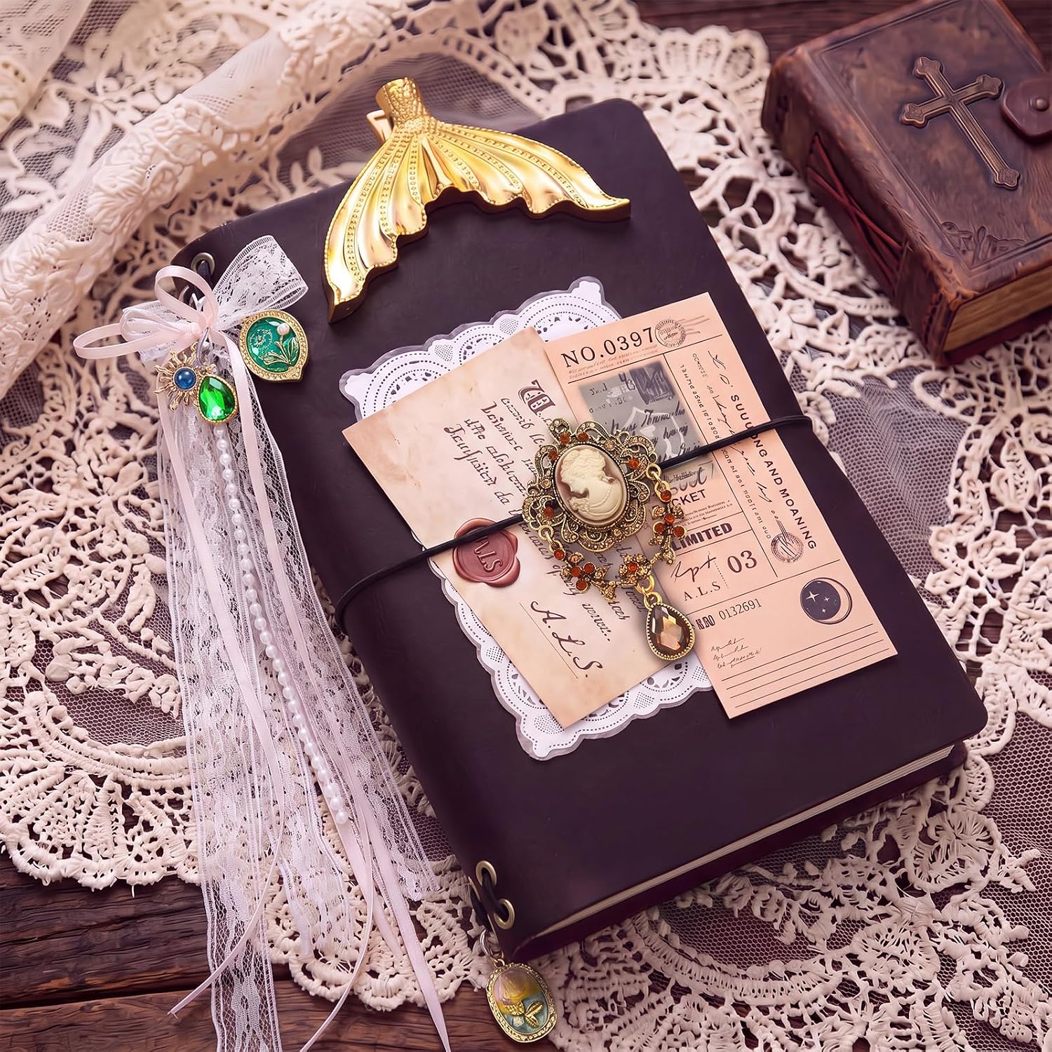 MotiMind 13Pcs A5 Travelers Leather Journal Cover Kit with Charms, Burgundy image 3