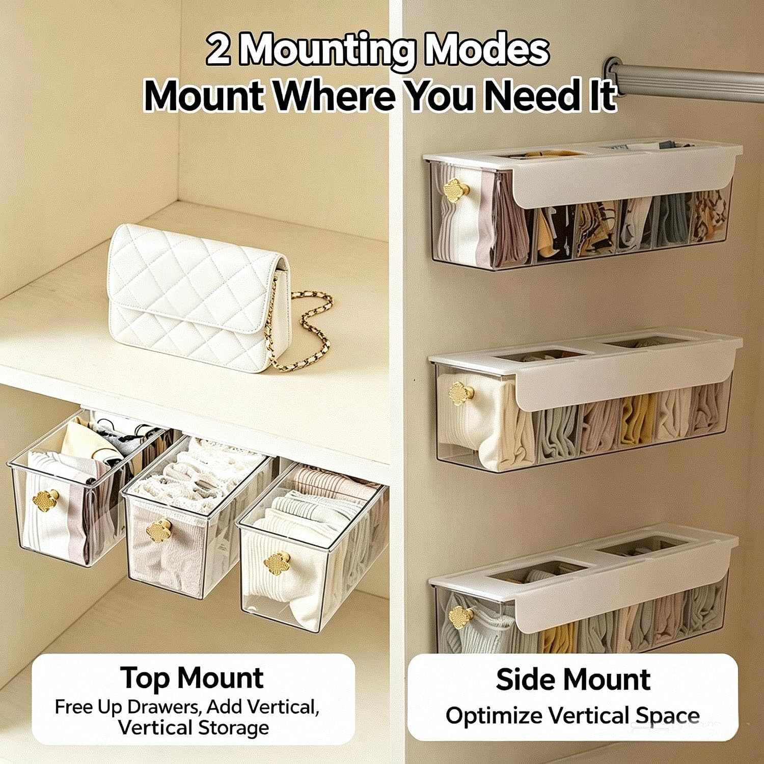 No Drill Under Drawer Hanging Organizer 2 Pack, Transparent Storage for Bra Sock Underwear