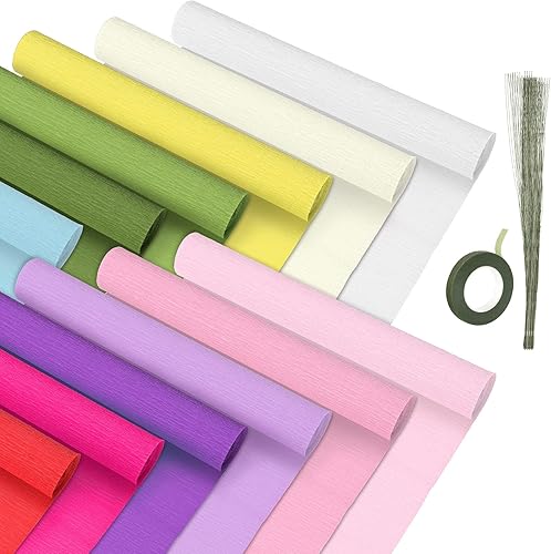 Miniatura 8 de 12 rollos de papel crepé de 12 colores de ancho, serpentinas surtidas de 10 x 8 pies con alambre de tallo floral y cintas florales verdes para