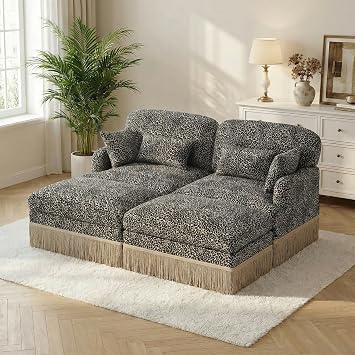 Convertible Sectional Couch w/2 Ottoman,Leopard Print 2 Seat Modular Cloud High-Resilience Couch with Throw Pillows,Tassel Fringe Skirt,Easy Assembly for Living Room,ApartmentDk Khaki 69.2"
