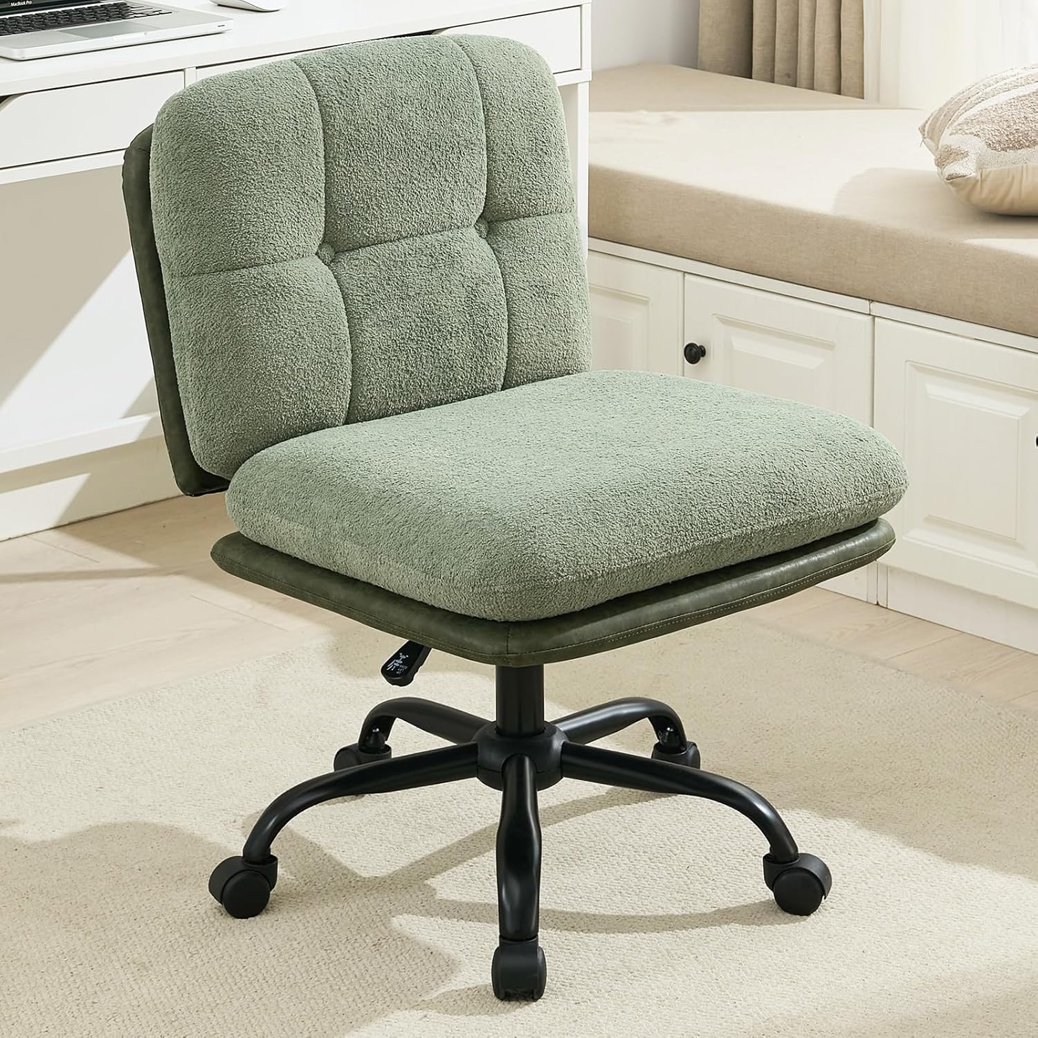 SOFTHION Armless Office Desk Chair with Wheels Wide Seat, Adjustable Height Swivel Comfy Criss Cross Chair for Home, Office, Make Up, Bed Room, Green