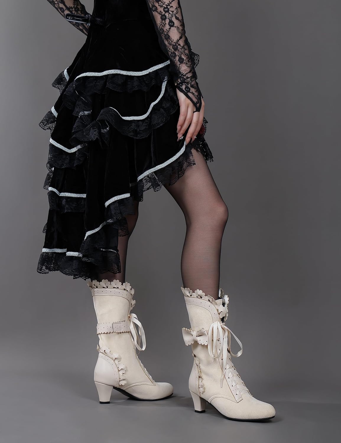 LanreyTaley Women Sweet Bow Boots Mid Heels Lace Up Victorian boots Mid Calf Kawaii Boot - Image 3