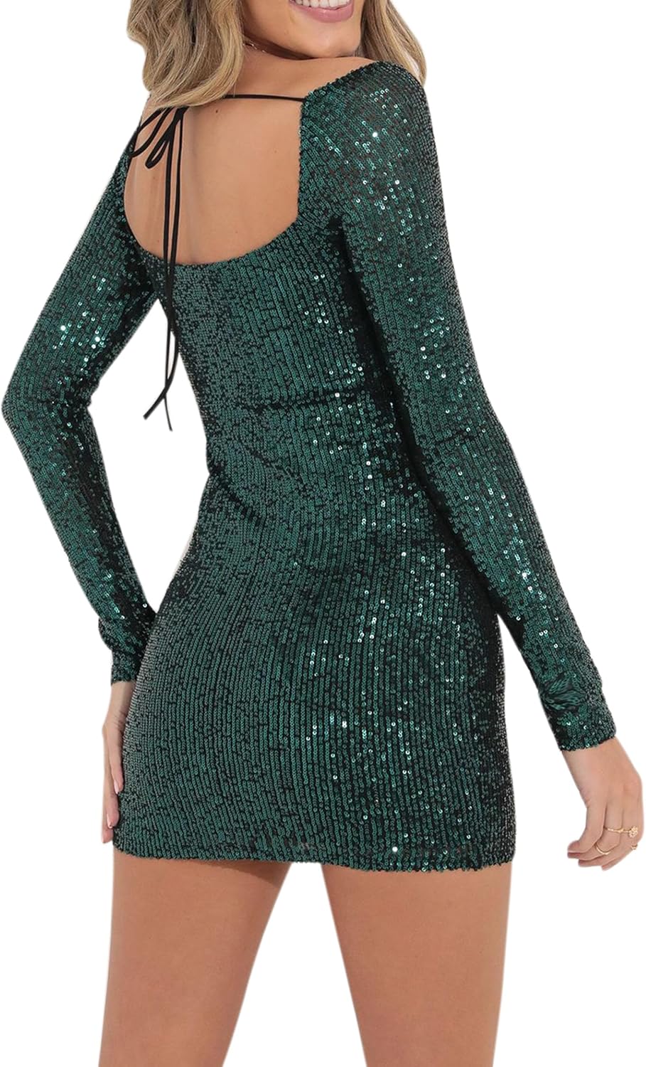 Women Sparkle Sequins Mini Dress Sexy Tie Back Bodycon Dress Long Sleeve Shiny Evening Dresses Night Out Party Outfits - Image 2