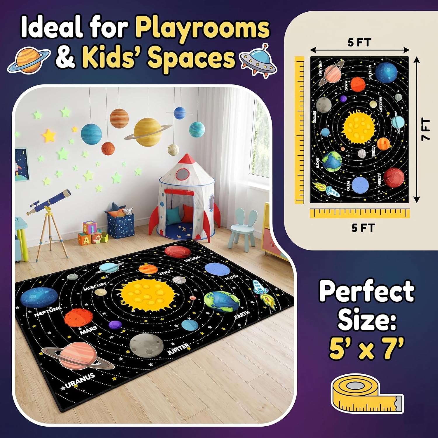 Boys Rugs for Bedroom Kids Rugs for Playroom Kids Carpet for Bedroom Boys Outer Space Large Area Carpet Memory Foam Thicken Kids Play Mats, Space, 5'×7' image 2