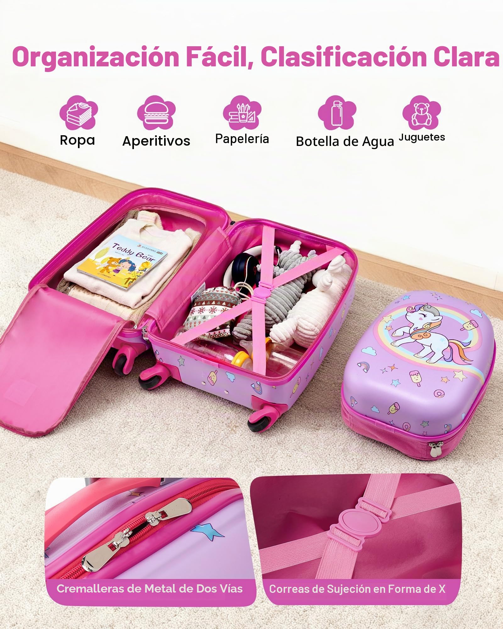 VEVOR Juego de Maletas para Niños 2 Piezas, Maleta de Cabina con Ruedas 45,7 cm Mochila de Carcasa Dura, Patrón Unicornio Rosado, Equipaje Infantil para Escuela Viaje Camping, Aprobado por Aerolíneas