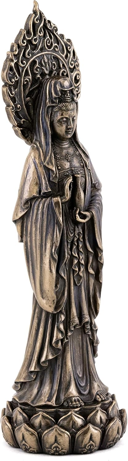 Top Collection Meditating Guan Yin Statue Standing on Lotus Pedestal- Kwan Yin Goddess of Mercy and Compassion Sculpture in Premium Cold Cast Bronze - 7.25-Inch Collectible Avalokiteshvara Figurine