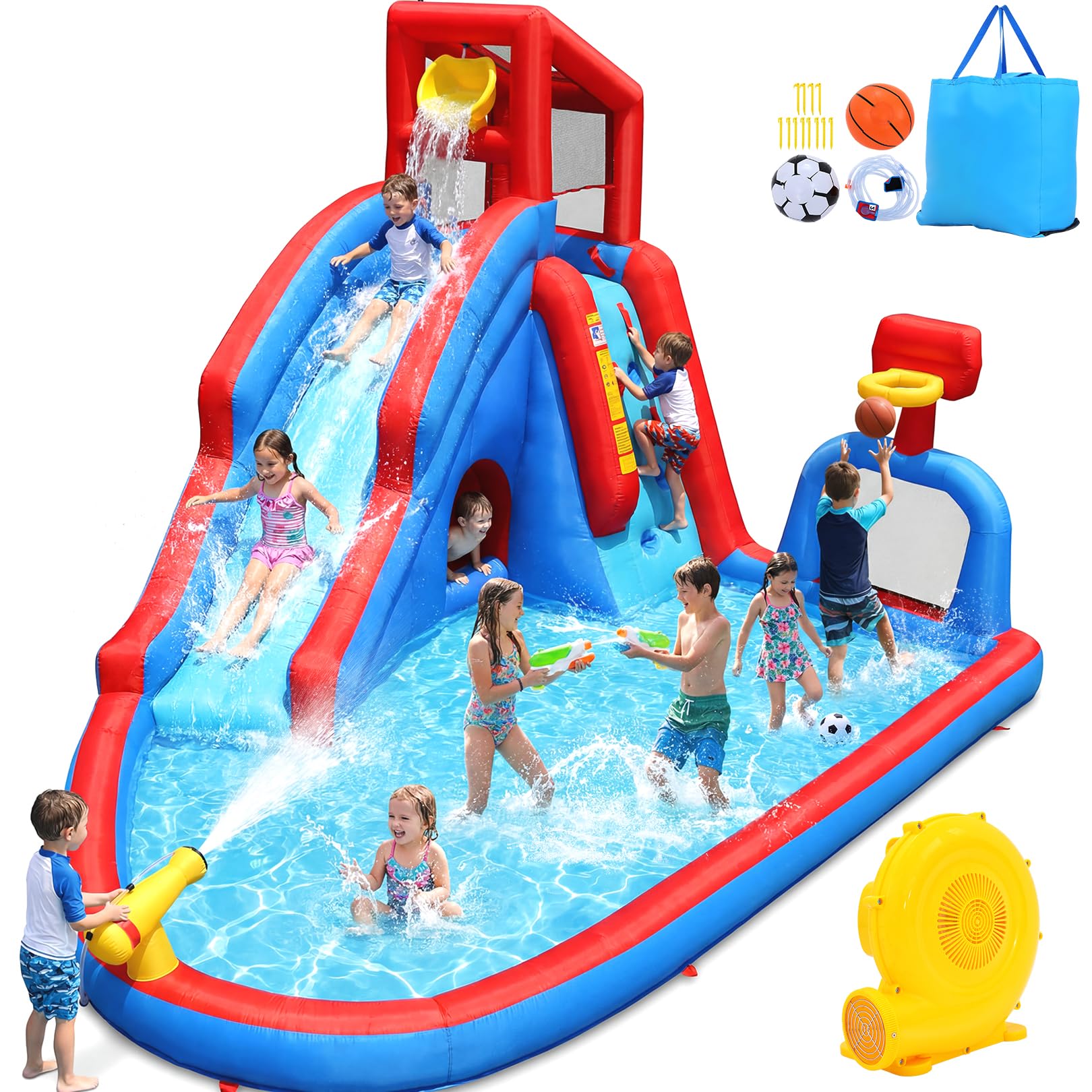 Whubefy Inflatable Water Slide for Kids Backyard, 14.2Ft Waterslide Park Bounce House W/Big Pool, Slide, Soccer Field, Dump Bucket, Obstacle Tunnel,