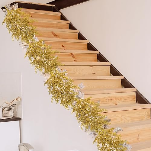 Miniatura 6 de Winlyn 6 piezas de cedro artificial dorado con purpurina en aerosol para arreglos florales de Navidad, ramas de cedro sintético, tallos de pino de