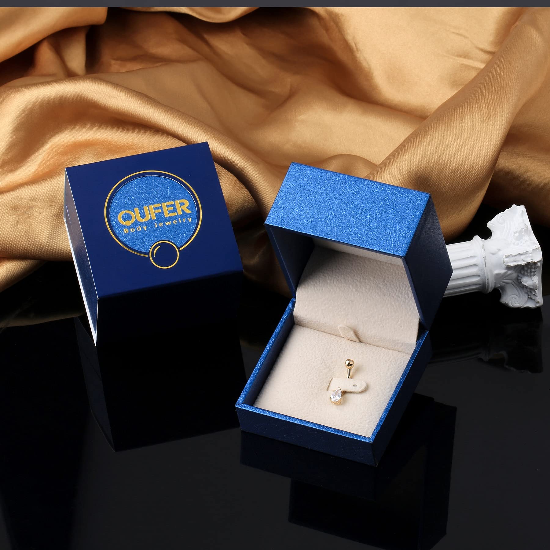 OUFER Anillo de ombligo de oro macizo de 14K con forma de lágrima transparente CZ Clear Teardrop CZ Navel Anillos Belly Bars Bauchnabel piercing en nabel, 10 mm, metal