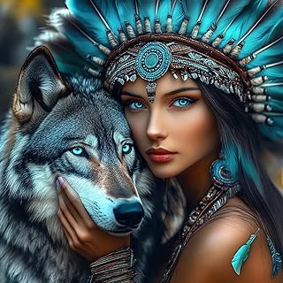 Miwixy Wolf Diamond Art Kits for Adults, American Native Indian Woman Diamond Painting Kit,5D Full Drill Diamond Art Canvas for Beginners Home Wall Decor 12 x 12 Inch