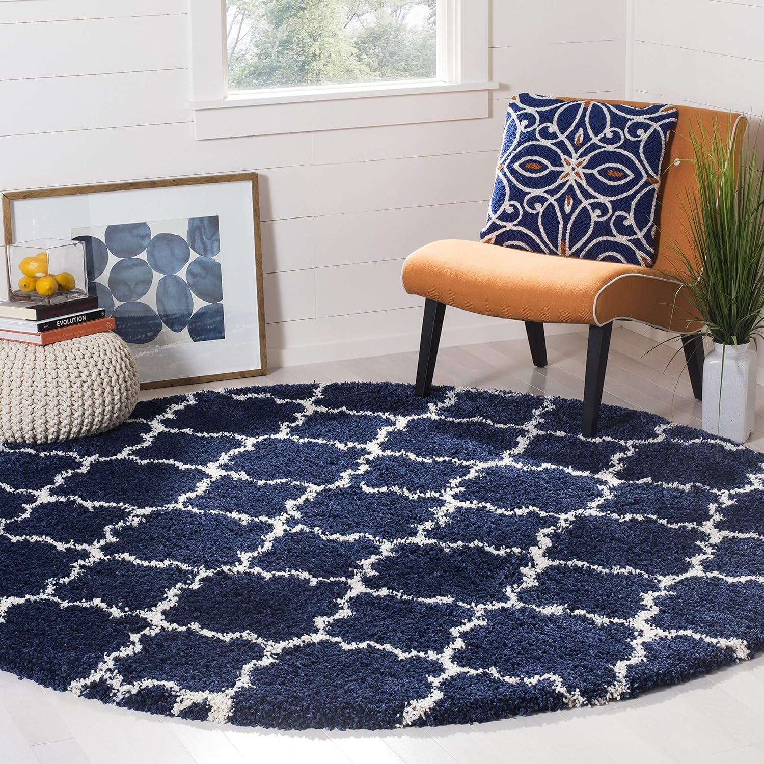 Modern Abstract Round Rug - Blue & Beige -11 Modern Abstract Round Rug - Blue & Beige -11