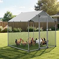 Vista 8 de VEVOR Gallinero de metal, jaula de pollos de 6.56x6.56x6.56 pies con cubierta, casa de gallinas con techo en punta y cerradura de seguridad, jaula