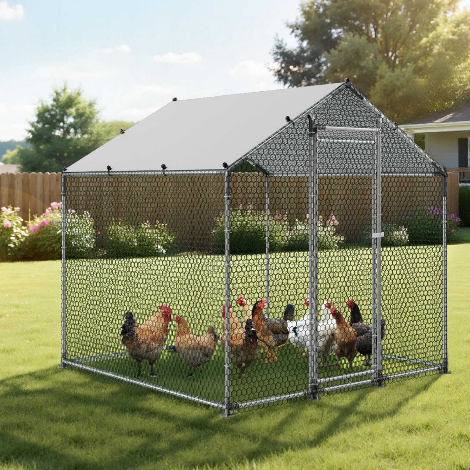 vevor metal chicken coop, 6.56x6.56x6.56ft large walk-in chicken runs with cover, spire roof hen house enclosure with security lock, outdoor duck rabbit cage poultry pen for backyard, farm, yard
