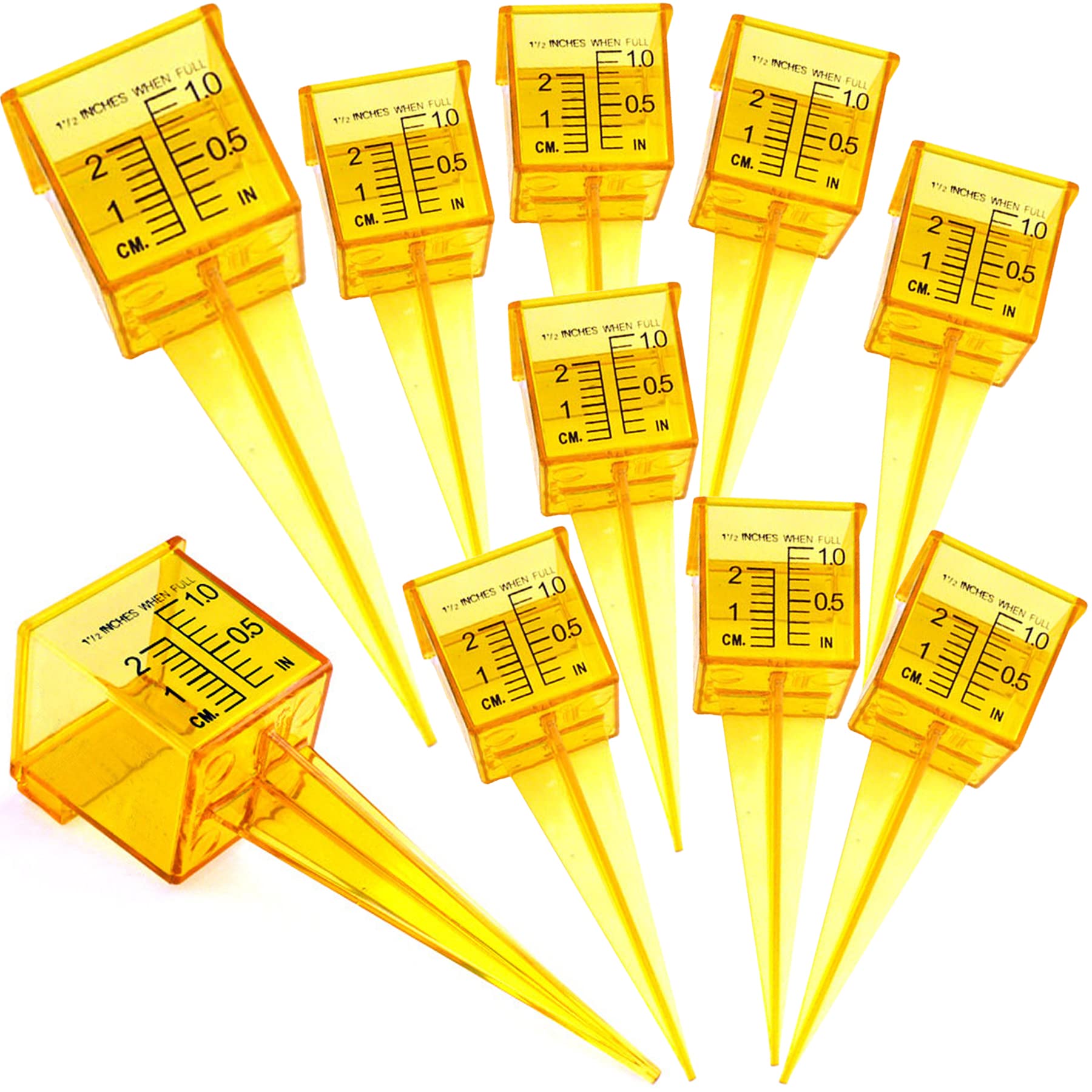 New Resources Group Outdoor Rain Sprinkler Gauge, 1.5" Wide Mouth, Multi Pack Bright Yellow, Water Garden, Lawn Measuring Tool (10 Pack Yellow)
