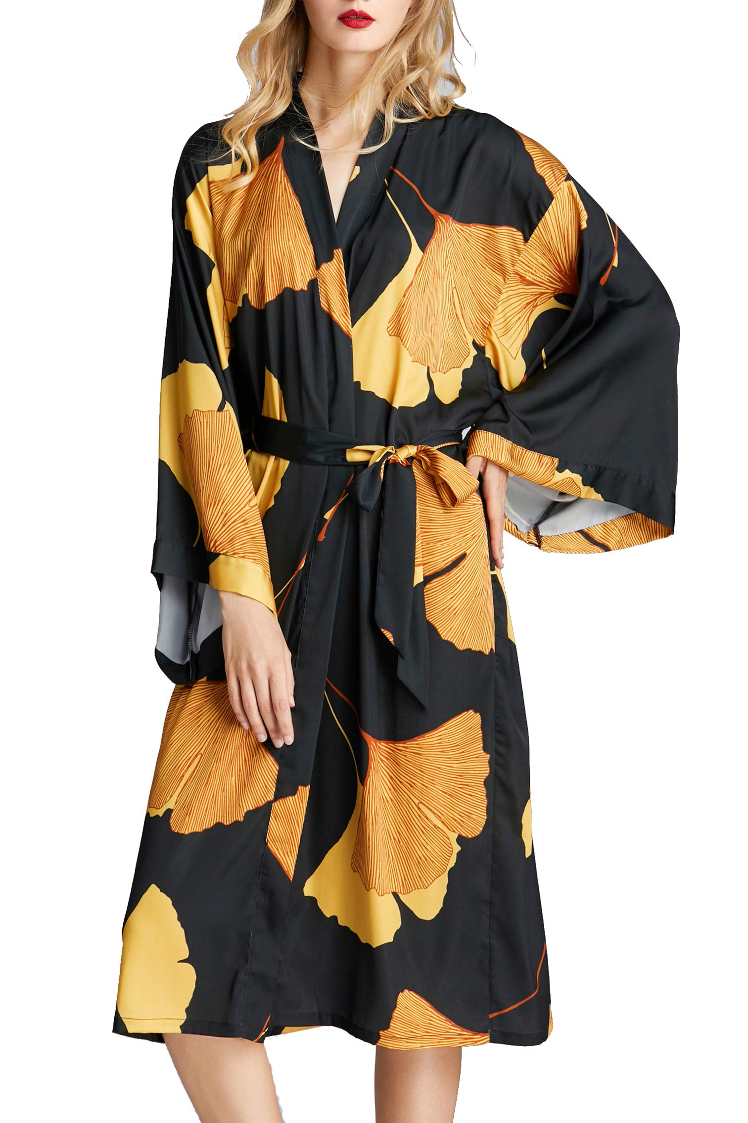 EORUBE Women's Kimono Robe Long Ginkgo Leaf Printed Satin Robe Bride Bridesmaid Dressing Gown (Black)