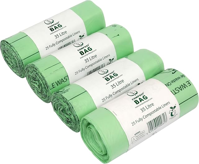 35/40 Litre x 100 Compostable Bags - Compost Bag Kitchen Food Waste Compost Liners 35/40L - EN 13432 - Bin Bags with Composting Guide 35L 40L