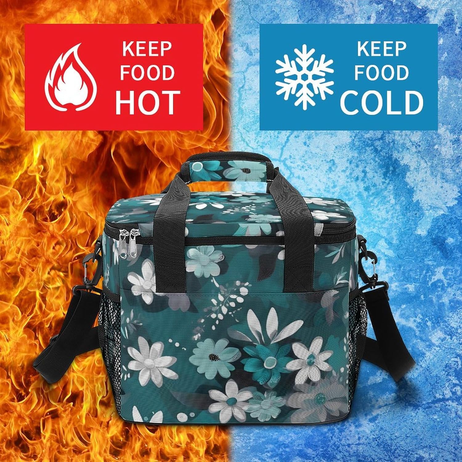 Large-Capacity Oxford Cloth Teal Grey and White Floral Printed Camping Ice Bag, Outdoor Portable Insulation and Cold Storage Bag, Enjoy A Cool Camping Time
