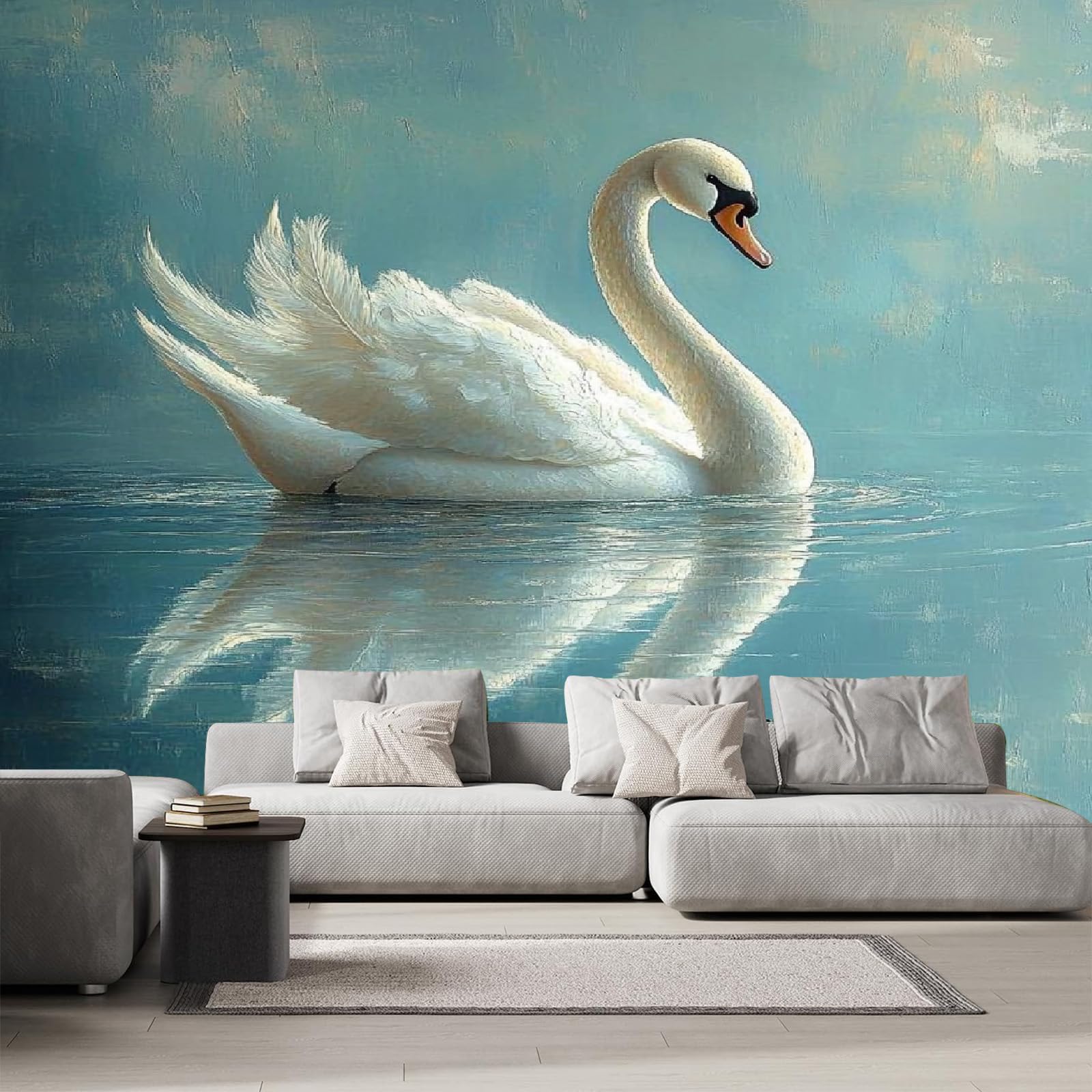 Papier peint panoramique cygne 3D pour masquer les défauts d'un mur