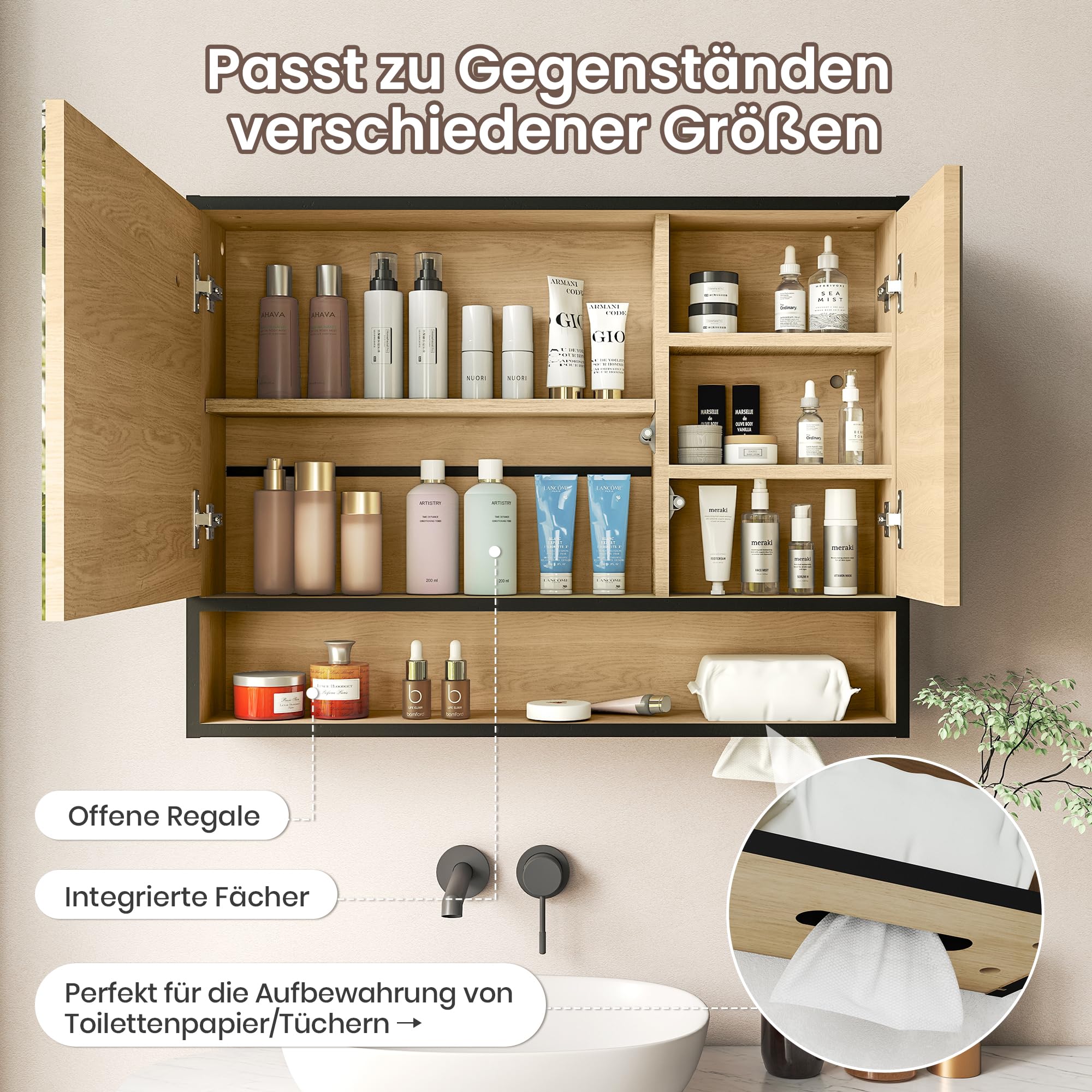 Pamapic Armadietto a specchio bagno con illuminazione, antiappannamento, armadio a parete con visualizzazione dell'ora e della temperatura, mobili per il soggiorno