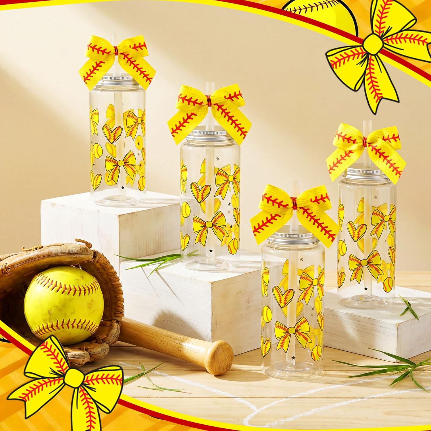 Remerry 12 Sets Softball Plastic Tumblers with Lid and Straw Bow Decorated Reusable Softball Plastic Cups Sports Party Favor for Birthday Team Party Decorations Supplies Fan Friend Birthday