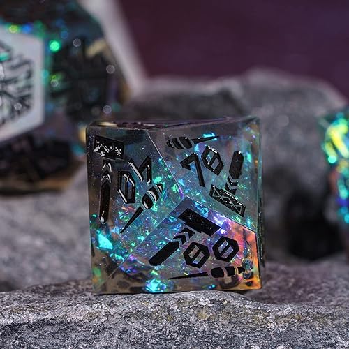 Miniatura 3 de Cusdie Dados DND de bordes afilados, 7 dados D&D, juego de dados poliédricos hechos a mano, para juegos de rol MTG Pathfinder (números grisromanos)