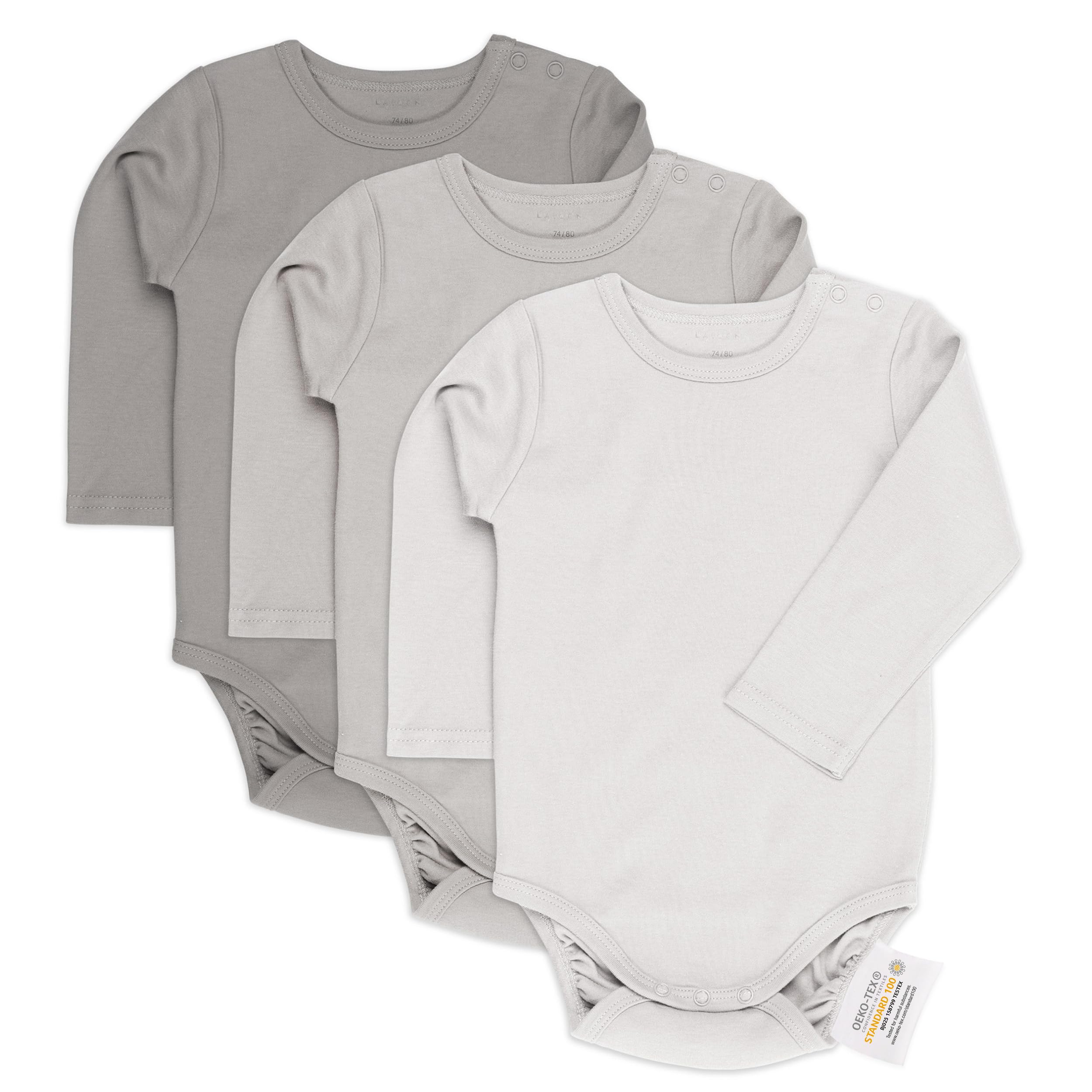 LaLoona Baby Body Langarm 3er Pack - Langarmbody Set aus Baumwolle, Bodies mit Knöpfen für Jungen und Mädchen, ÖkoTex Standard 100 geprüft