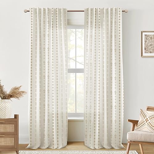 Miniatura 30 de Cortinas de lino semitraslúcidas para sala de estar de 84 pulgadas de largo, cortinas bohemias de estilo bohemio para ventana de dormitorio, Crema y