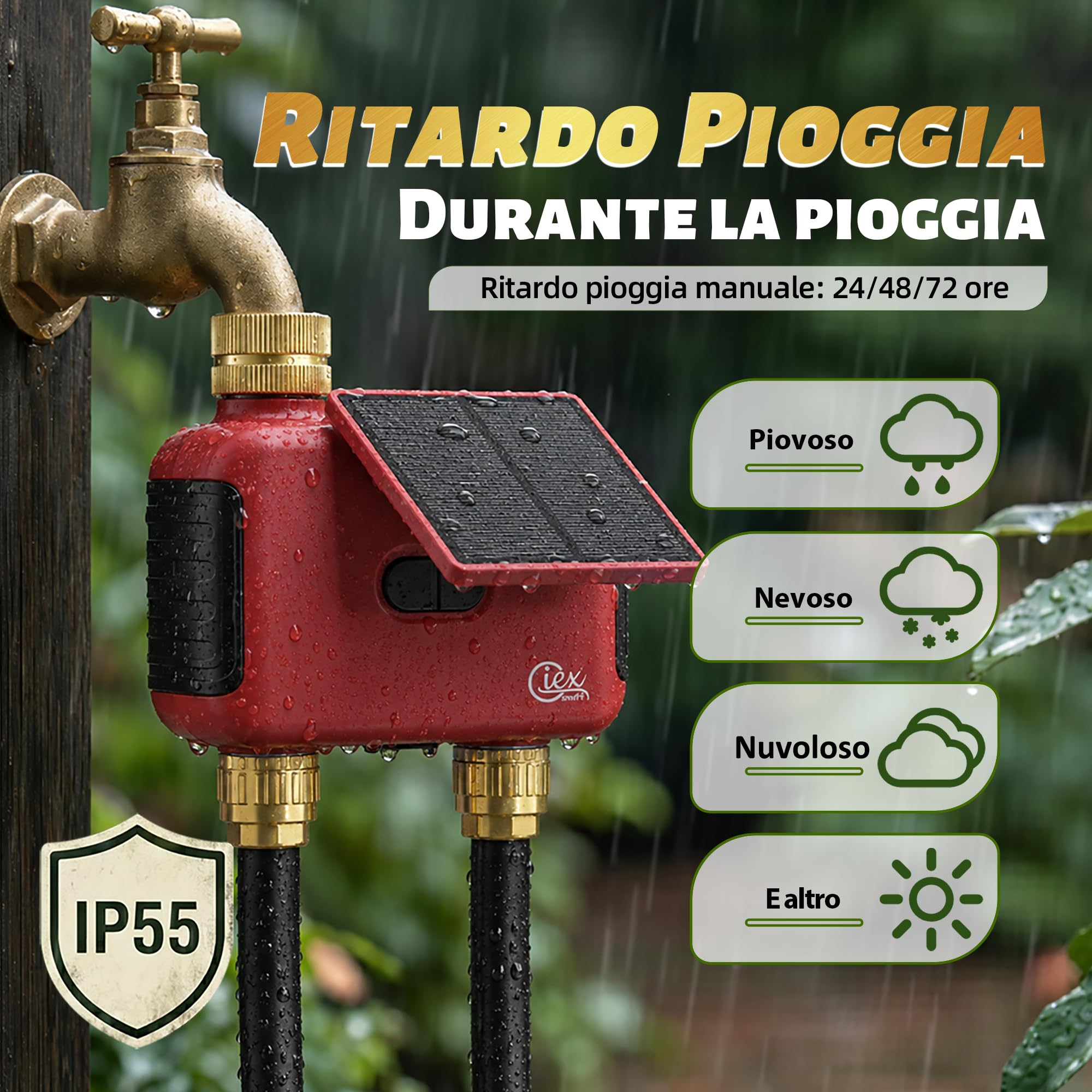 Programmatore irrigazione WiFi 2 zone, timer solare ricaricabile con doppia uscita, raccordi in ottone, senza hub, app Smart Life, compatibile Alexa e Google Assistant