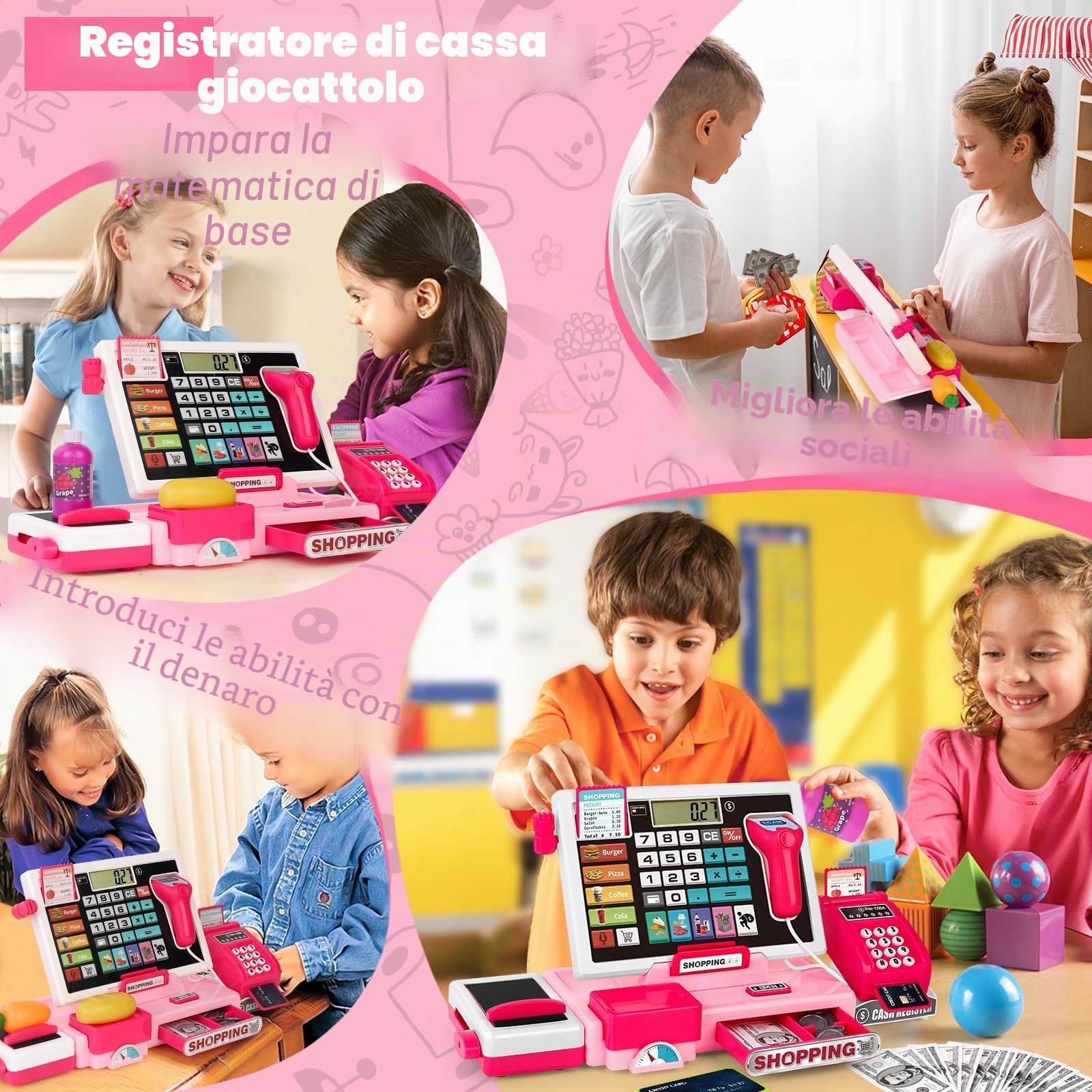 2025 Cassa Giocattolo per Bambini, Supermercato con Microfono/Scanner/Scontrino/Soldi Finti/Pos/Carte di Credito/Giochi Alimentari e Calcolatrici Reali, Rosa