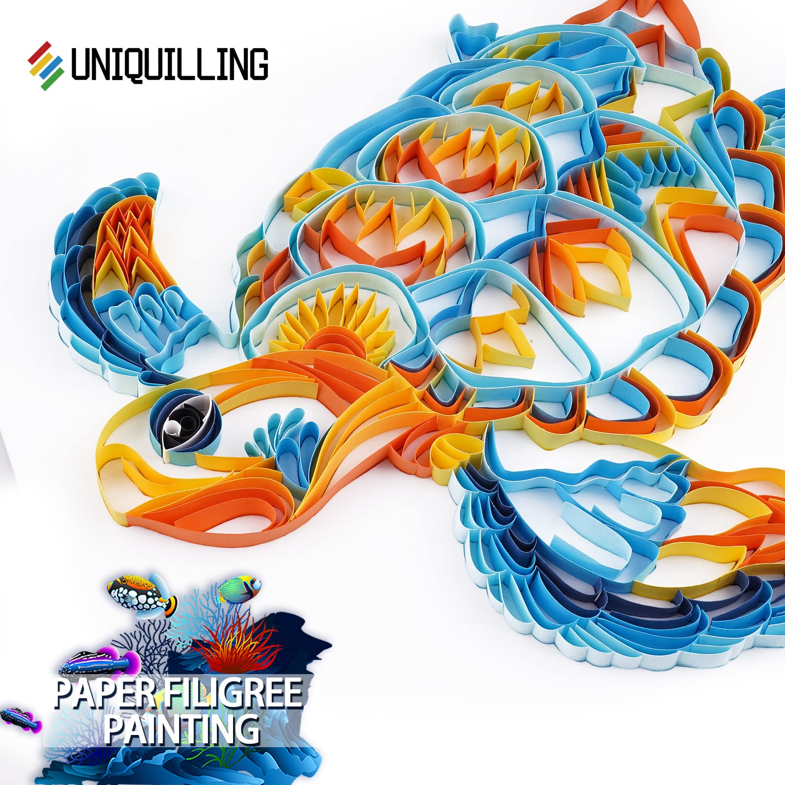 Uniquilling Quilling Kit, Paper Quilling Kits, 8 * 10-in Blue Turtle Paper Filigree Kits with Quilling Tools& Using Manual, DIY Quilling Artwork Modern Wall Art for Living Room