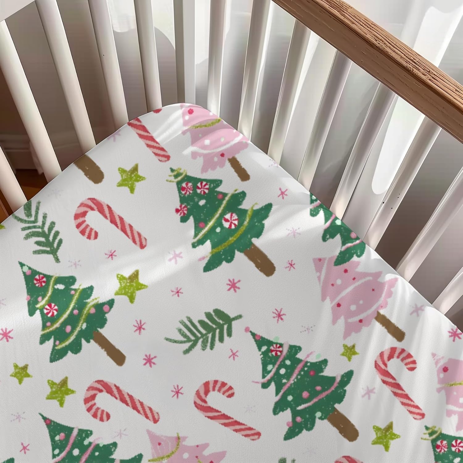 Cartoon Christmas Trees Stars Winter Holiday Pattern Baby Sheets for Crib, Unisex Christmas Nursery Fitted Bed Sheet for Boys Girls Standard Crib and Toddler Mattress-28x52