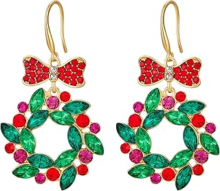 Sparkling Christmas Earrings for Women: Elegant Gold & Red Bow Wreath Da...
